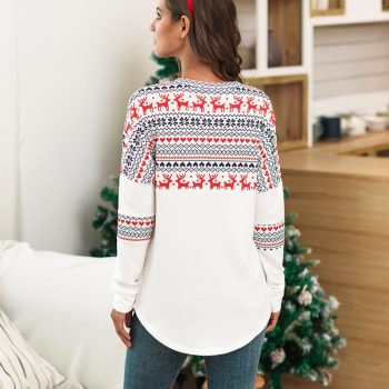 Christmas elk cartoon snowflake stitching color block pullover t-shirt casual basic costumes tops