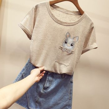 Cartoon rabbit print pocket casual o-neck t-shirt short sleeve loose embroidered streetwear tops