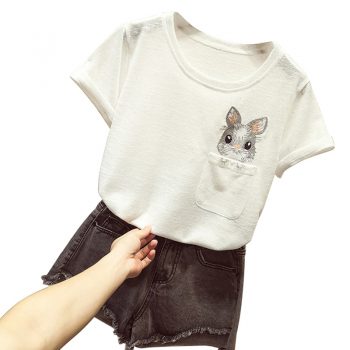 Cartoon rabbit print pocket casual o-neck t-shirt short sleeve loose embroidered streetwear tops