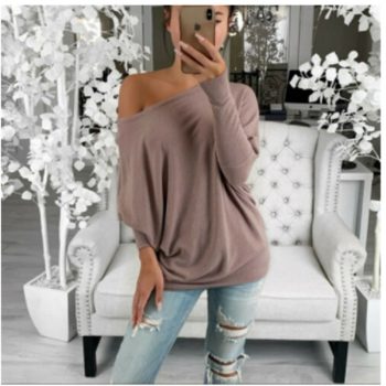 Off-the-shoulder long sleeve round neck t-shirt casual loose solid multicolor plus size