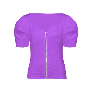 Casual fashion front zipper v-neck short sleeve t-shirt slim elastic tops ladies solid color streetwear