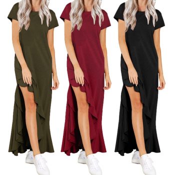 Party elegant sexy maxi dresses solid color boho long dress sling sexy short sleeve round neck dress