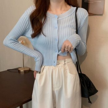 Casual cardigans sweater button down korean fashion knitted sun protection thin outer wear