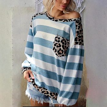 Autumn fashion striped printed coat top loose long-sleeve stitching leopard print tops with pocket blouse