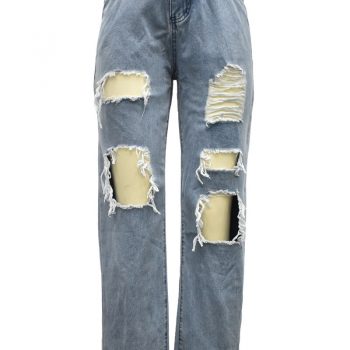 High waist jeans straight leg design ripped detailing on the front casual vintage denim pants