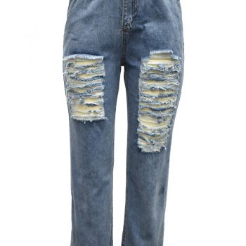 High waist ripped jeans straight sexy denim pants women loose fashion wide leg jeans lady trousers