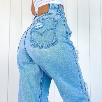 Blue hole straight denim pants baggy high waisted ripped jeans vintage loose ladies wide leg mom trousers