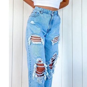 Blue hole straight denim pants baggy high waisted ripped jeans vintage loose ladies wide leg mom trousers
