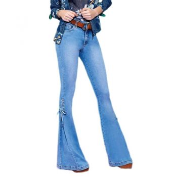 High waist flared jeans bow boot cut casual lady lace up trousers cowgirl vintage blue bell bottom denim pants