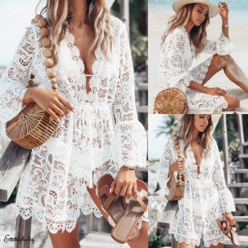 Summer Lace Hollow Crochet Bikini Cover Up Women Swimsuit Floral White Tunic Beach Dress