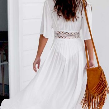 Boho White Crochet Knitted Beach Cover Up Dress Tunic Long Pareos Bikinis Cover Ups Robe Plage Beachwear