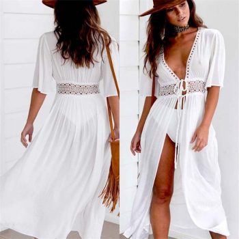 Boho White Crochet Knitted Beach Cover Up Dress Tunic Long Pareos Bikinis Cover Ups Robe Plage Beachwear