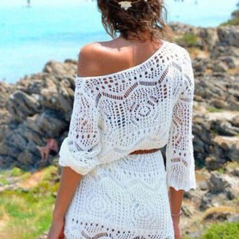 Summer Sexy Lace Crochet Beach Dress Women White See Through Swimwear Swimsuit Cover Up Mini Dresses