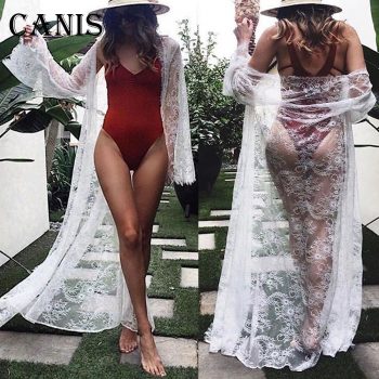Women Bikini Cover Up Black White Lace Kimono Boho Beach Long Maxi Dress Sheer Loose Kaftan Tunic Swimsuit