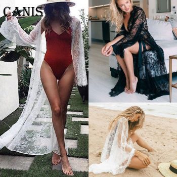 Women Bikini Cover Up Black White Lace Kimono Boho Beach Long Maxi Dress Sheer Loose Kaftan Tunic Swimsuit