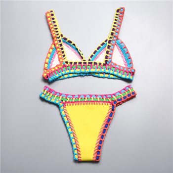 Micro bikini handmade crochet knit swimwear halter patchwork bathing suit swimsuit biquini thong bikini