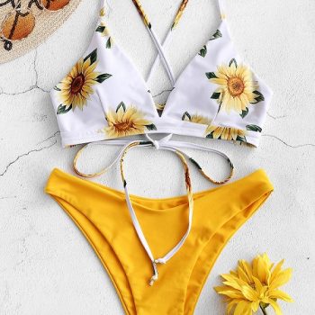 Sunflower Printed Bikini Set Sexy Swimwear Push Up Padded Bikini Bathers Bandage Bathing Suit Swimsuit