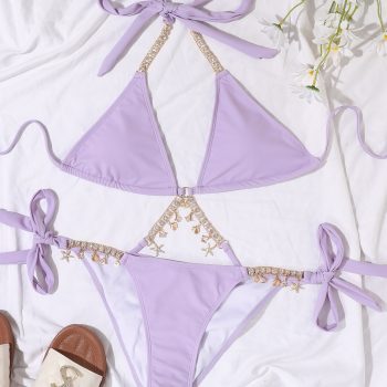 Crystal Rhinestones Diamond Push Up Swimsuit Neon Metal Chain High Cut Bathers Thong Swimwear Biquini