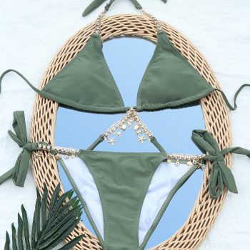 Crystal Rhinestones Diamond Push Up Swimsuit Neon Metal Chain High Cut Bathers Thong Swimwear Biquini