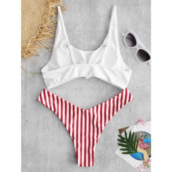 Swimsuit Scoop Neck Striped Swimwear Knot Bow Fringe Summer Beachwear Bathing Suit Push Up Biquini