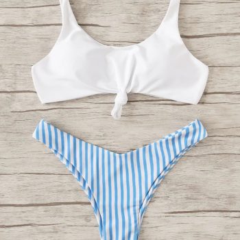 Swimsuit Scoop Neck Striped Swimwear Knot Bow Fringe Summer Beachwear Bathing Suit Push Up Biquini