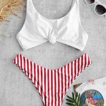Swimsuit Scoop Neck Striped Swimwear Knot Bow Fringe Summer Beachwear Bathing Suit Push Up Biquini