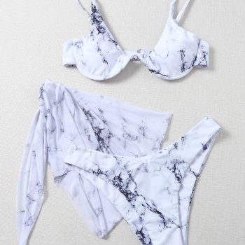 Sexy Marble Print Bikini Push Up Bra Underwire 3 Piece Swimsuit Brazilian Beach Bathing Suit Swimwear