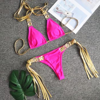 Crystal Bikini Set Push-up Bra Brazilian Tassel Swimwear Halter Solid Red Rhinestone Bathing Suit Swimwear