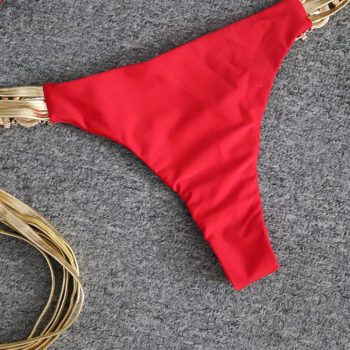 Crystal Bikini Set Push-up Bra Brazilian Tassel Swimwear Halter Solid Red Rhinestone Bathing Suit Swimwear