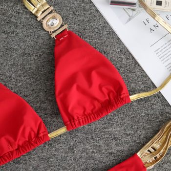 Crystal Bikini Set Push-up Bra Brazilian Tassel Swimwear Halter Solid Red Rhinestone Bathing Suit Swimwear