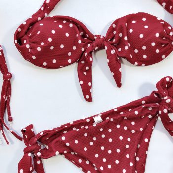 Front Tie Bikini Swimwear Off Shoulder Black Dot Print High Leg Bikinis Bathers Bathing Suit Thong Swimsuit