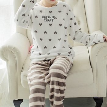 Flannel women pyjamas sets thick cute print long sleeve cartoon sleepwear flannel pajamas set girl